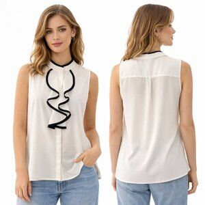 Calvin Klein white/black Sleeveless Piped-Ruffle Blouse